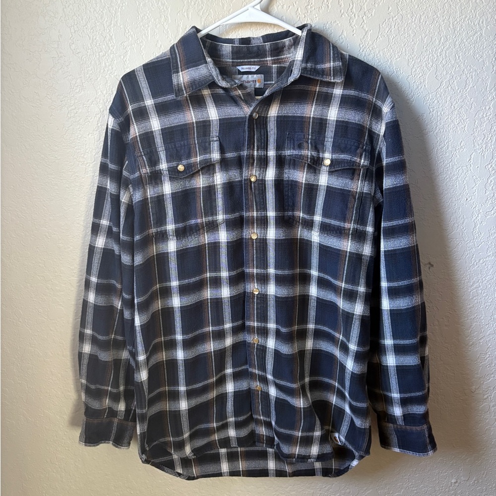 Carhartt Men’s Relaxed Fit Flannel Shirt Medium Blue Plaid Cotton Workwear